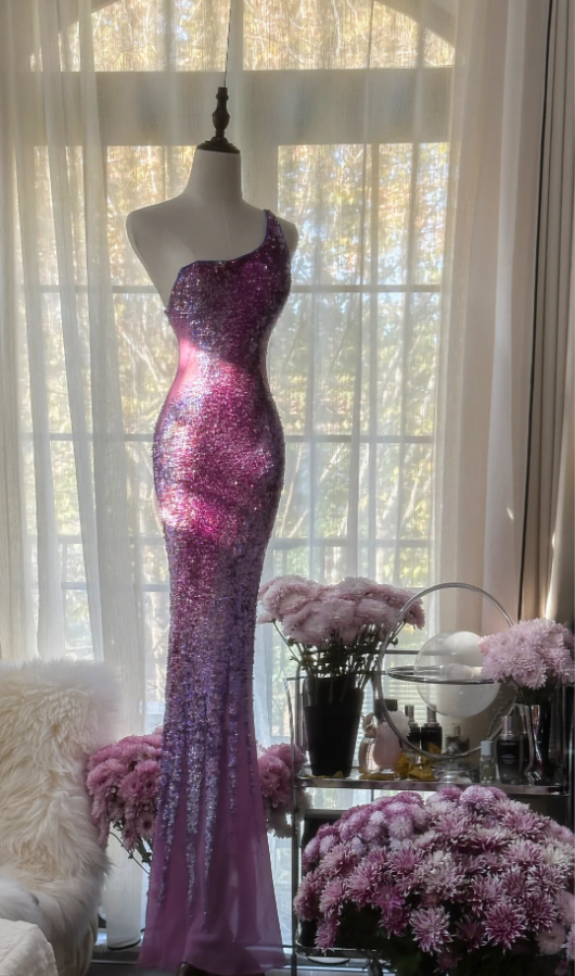 Glamorous Ombre Purple One Shoulder Chiffon Sequin Beaded Mermaid Long Evening Dress Birthday Party Dress