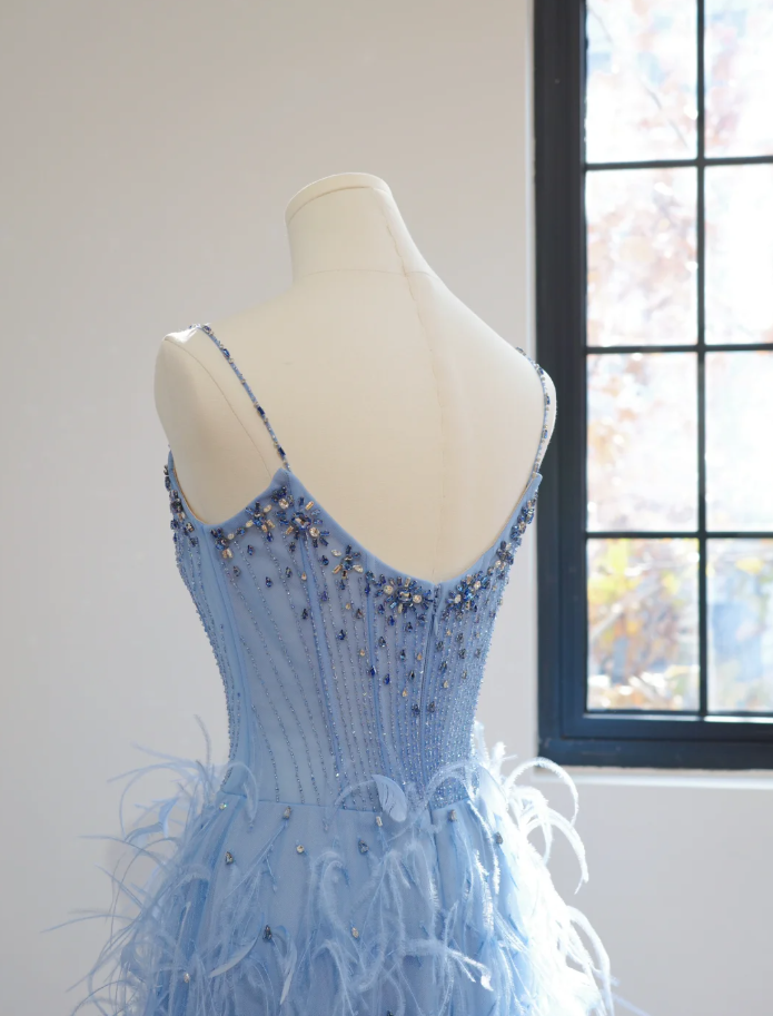 Fairy Spaghetti Straps Blue Satin Beaded Feathers A Line Birthday Prom Dress Party Dress