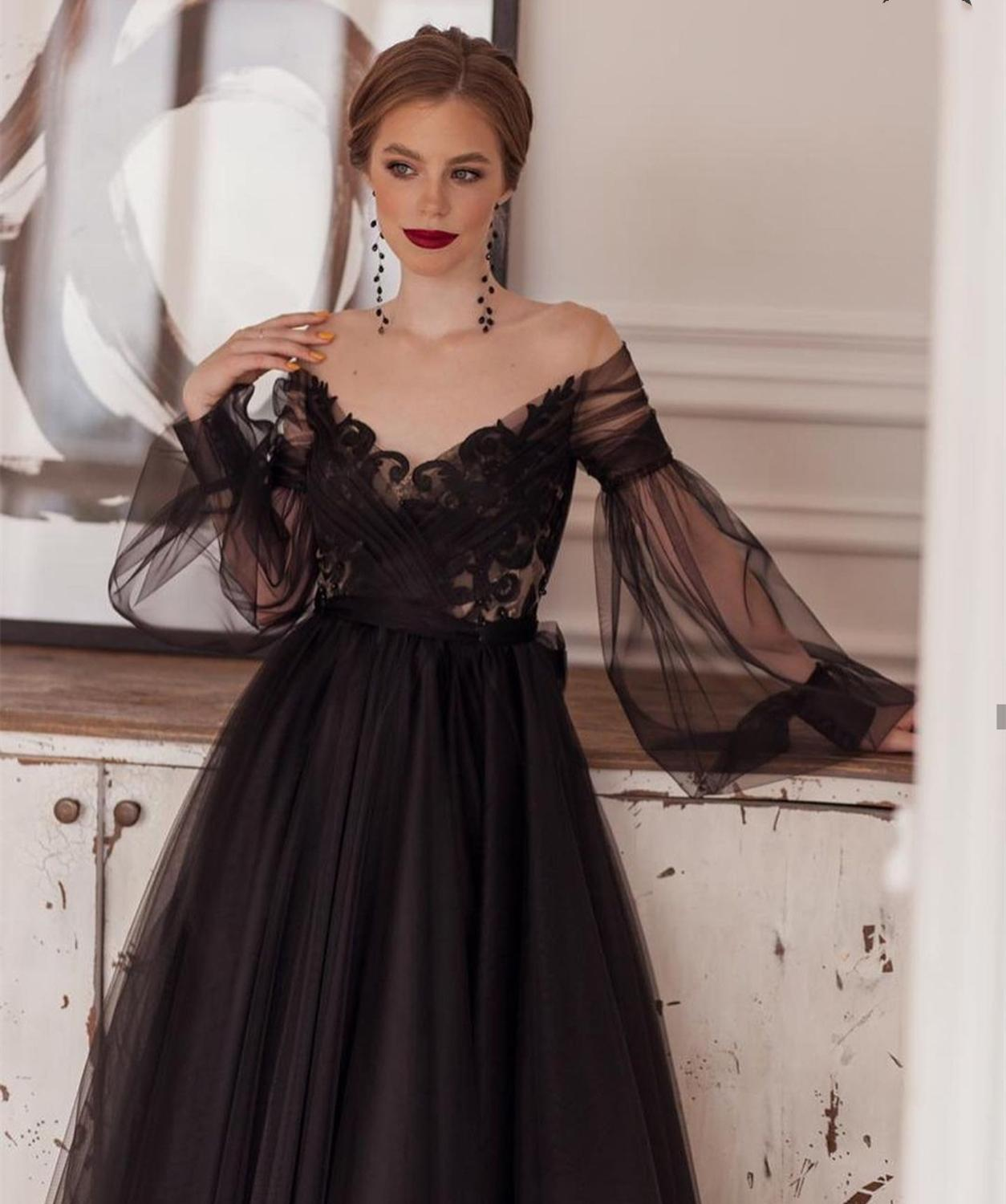 Elegant Black Off-shoulder Tulle Lace Top A-line Ankle-length Prom Dress