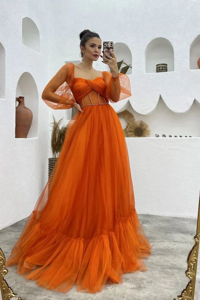 A Line Tulle Orange Long Sleeves Long Prom Dress Long Evening Dress