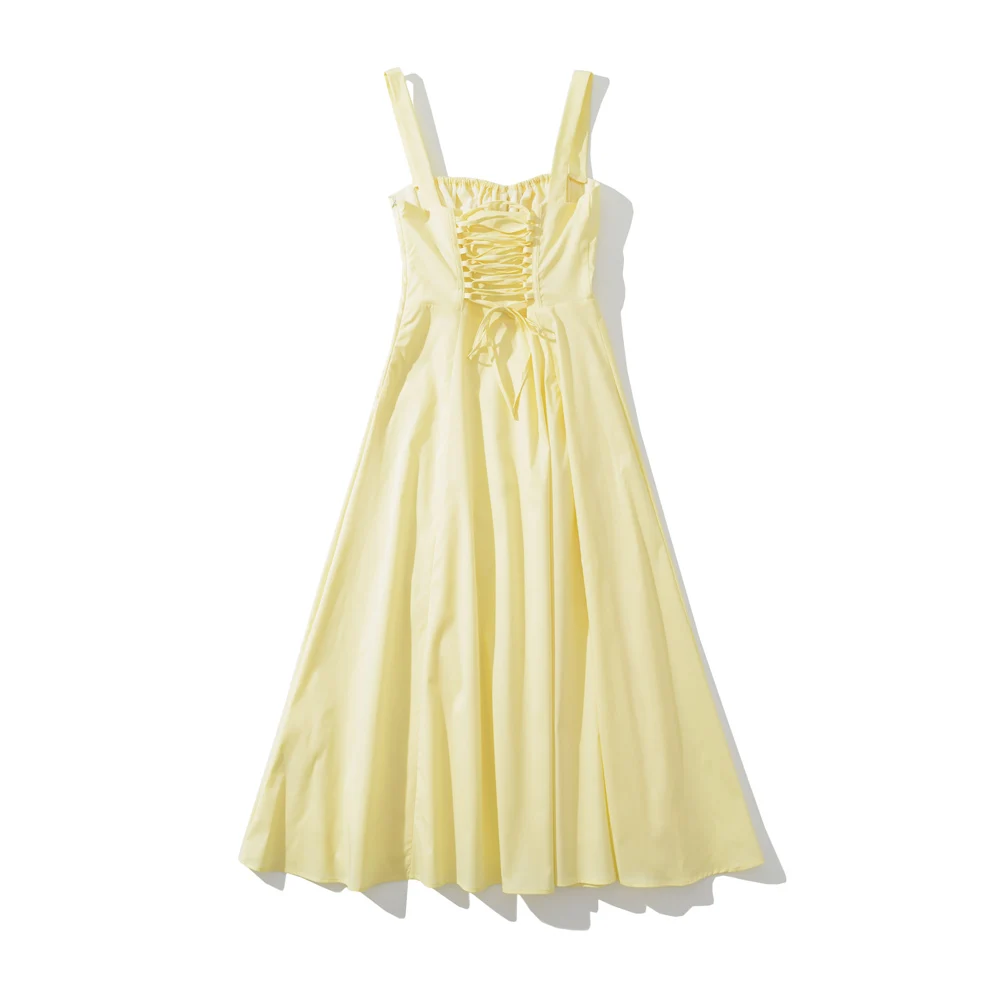 Yellow Ruched Bow Backless Sexy Midi Prom Dress