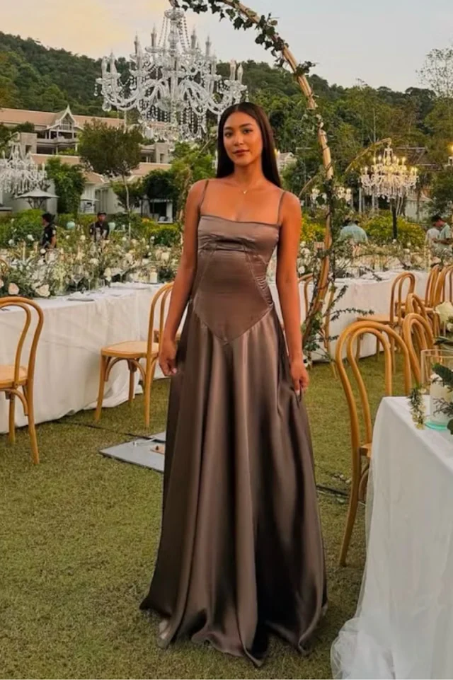 Vintage Brown Spaghetti Straps Prom Dress Long A Line Satin Party Evening Dress