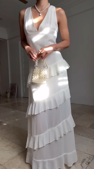 Classy White V Neck Ruffles Party Evening Dress,Formal Prom Dress