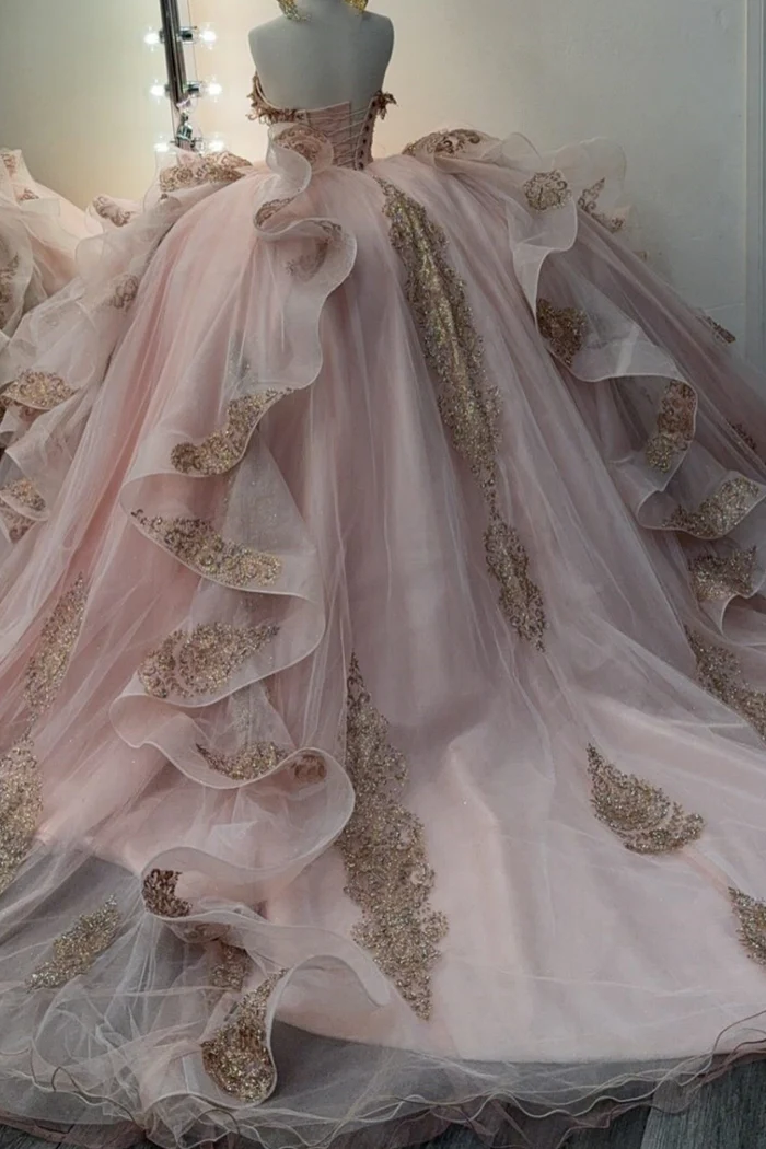 Pretty Pink Off The Shoulder Tulle Beaded Appliques Quinceanera Dress Sweet 16 Dress