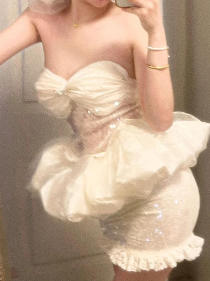 Classy Strapless Tulle Sequin White Sheath Short Prom Dress 16th Birthday Outfits