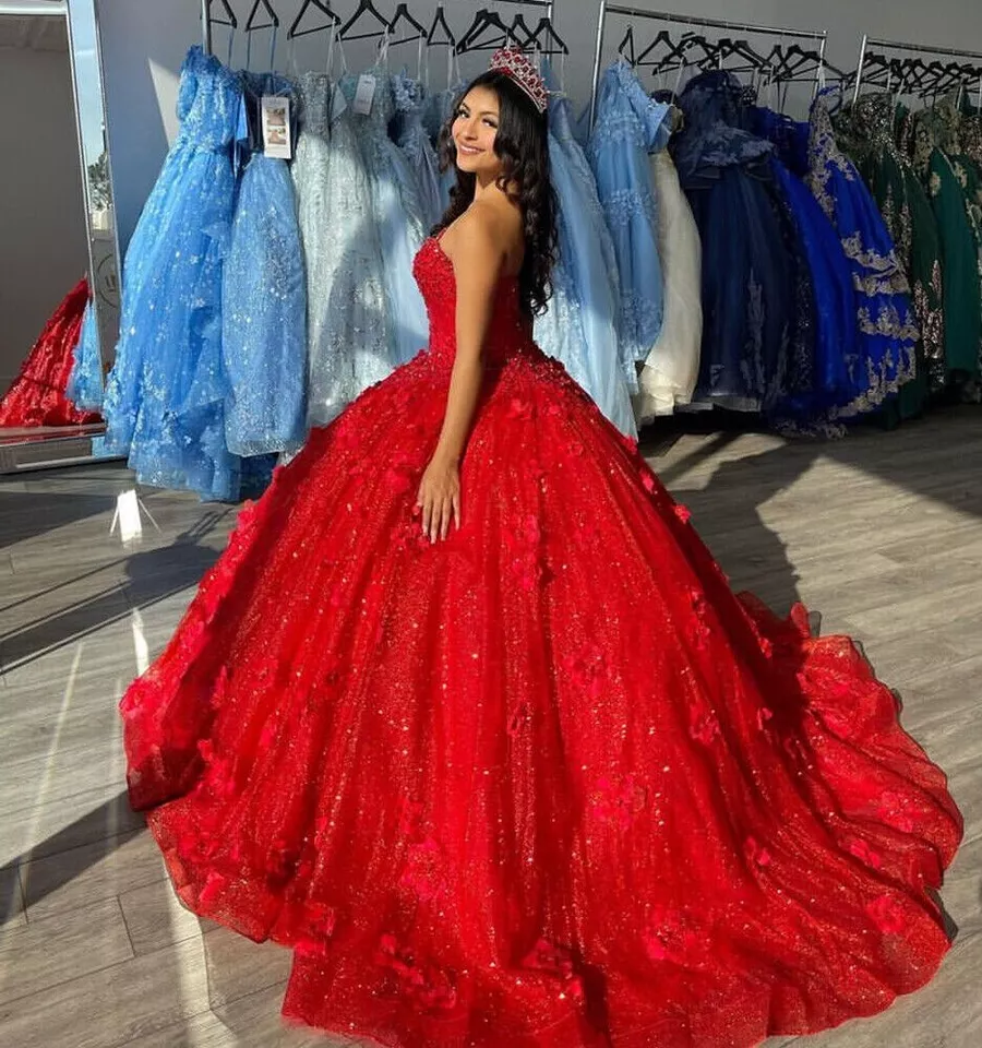 Classy Strapless Red Sequin Tulle Appliques Ball Gown ,Formal Sweet 16 Dress