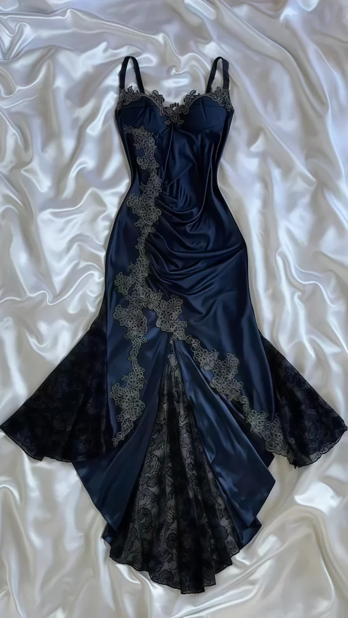 Vintage Navy Blue Satin Lace Appliques Mermaid Evening Dress,Long Party Prom Dress