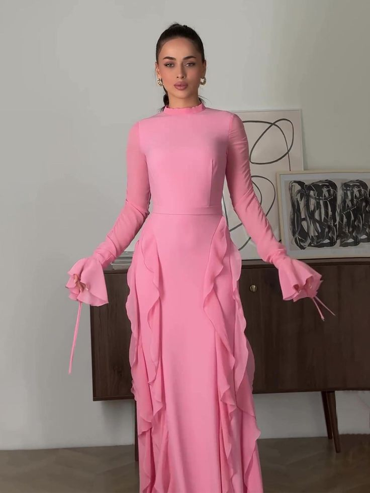 Pink Chiffon Ruffles Long Party Evening Dress
