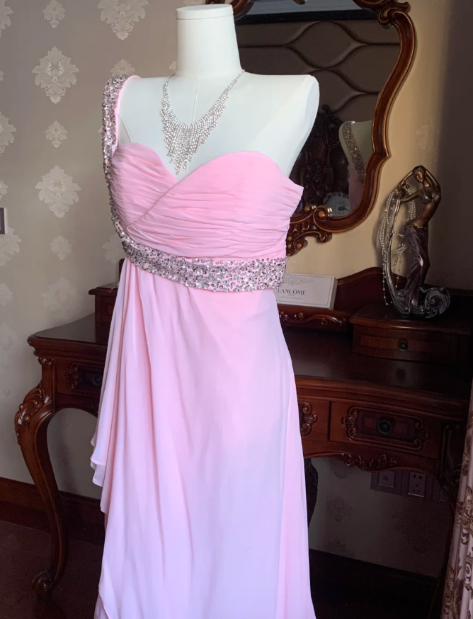 Classy One Shoulder Chiffon Beaded Mermaid Long Wedding Guest Dress Pink Evening Dress