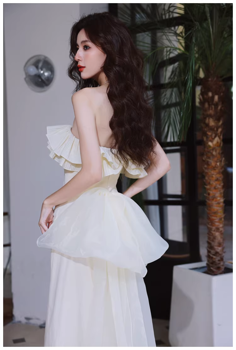 Elegant Beige Strapless Satin Pleated Mermaid Slit Long Evening Dress Birthday Party Dress With Bow