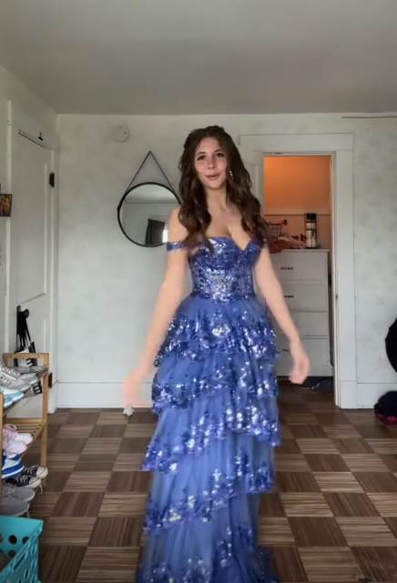 Pretty Blue Tulle Sequins Layered Prom Dress Long Slit Party Evening Gown