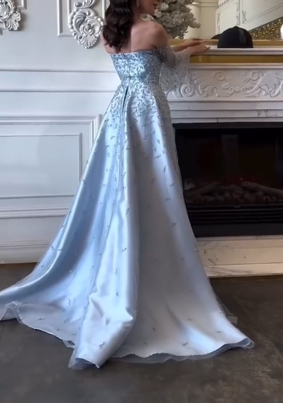 Gorgeous Blue Satin Tulle Beaded Mermaid Evening Dress Long Birthday Party Dress