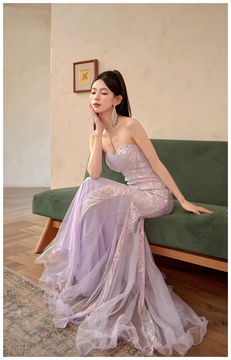 Gorgeous Sweetheart Neck Lavender Tulle Sequin Mermaid Long wedding Guest Dress Formal Evening Dress Prom Gown