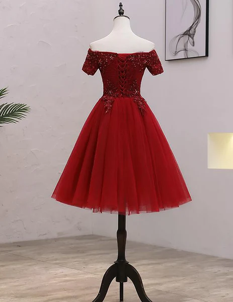 Tulle Dark Red Off The Shoulder Knee Length Homecoming Dress, Red Party Dress
