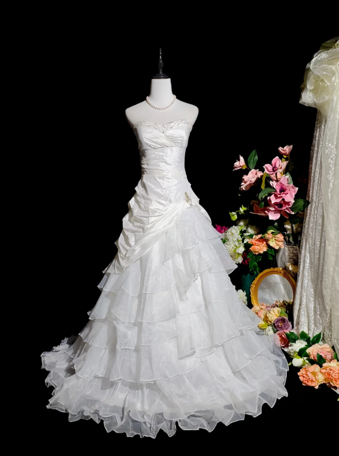 Pretty Strapless White Satin Tulle Beaded Ruffle Layered Mermaid Evening Dress Long Birthday Prom Dress