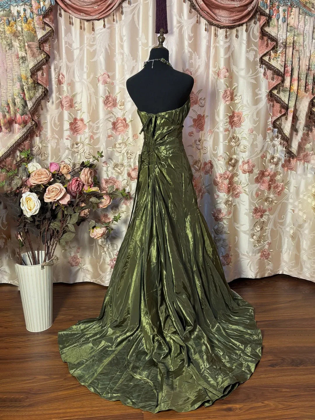 Elegant Olive Green Strapless Satin Pletaed Mermaid Long Wedding Guest Dress Formal Birthday Party Dress