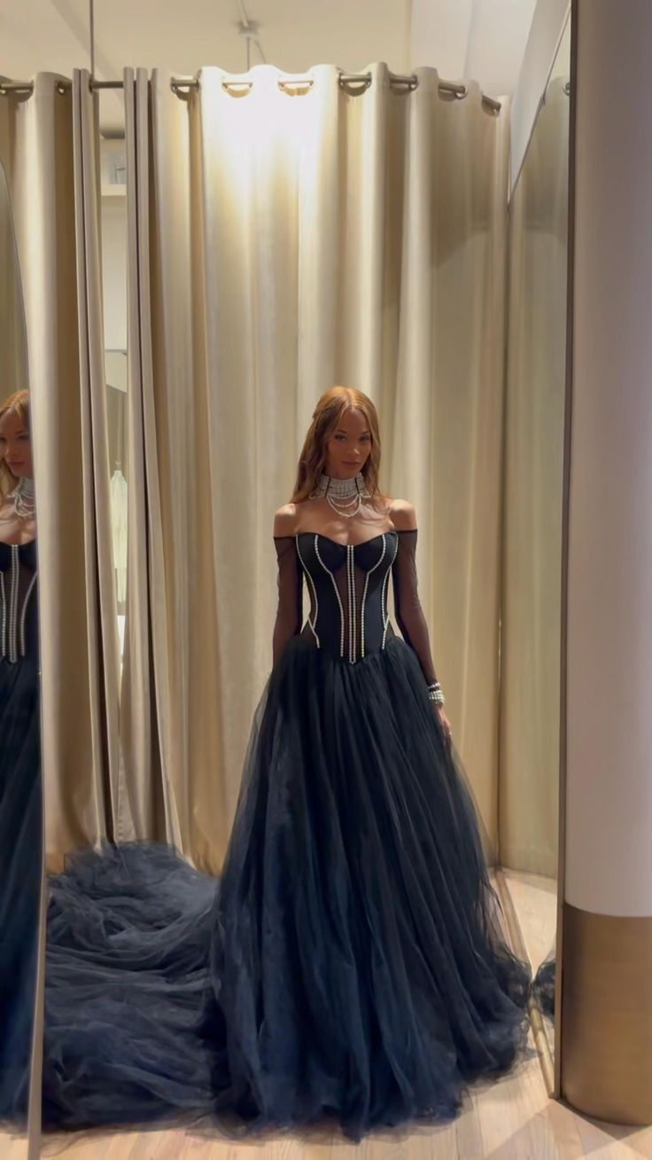 Elegant Off The Shoulder Tulle Beaded Long Evening Dress,Navy Blue Party Prom Dress
