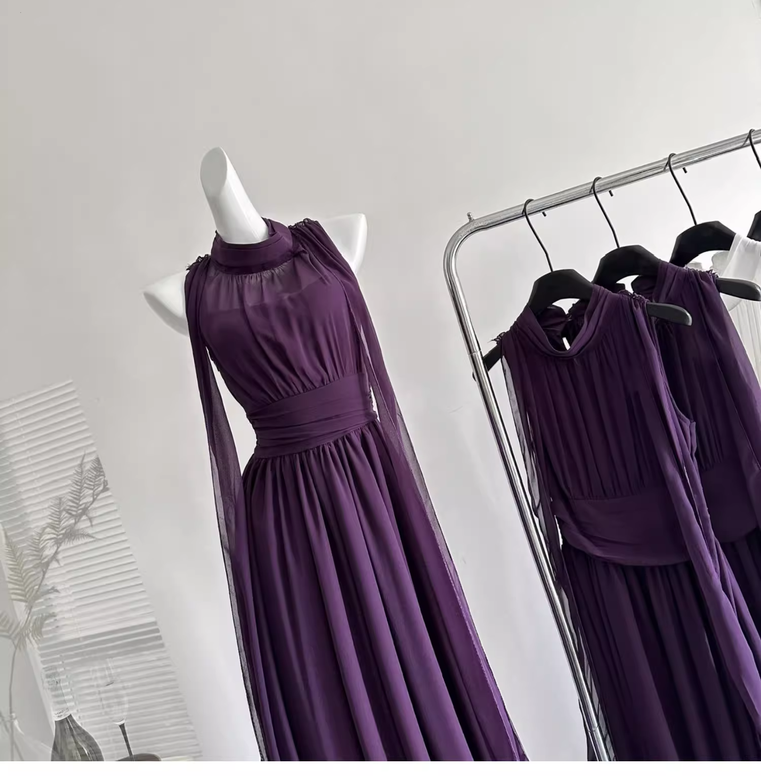 Retro Purple Halter Chiffon Long Vacation Dress Birthday Dress