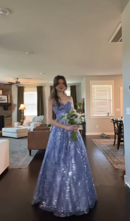 Shiny Spaghetti Straps Blue Tulle Sequin A Line Long Evening Dress Formal Birthday Party Gown