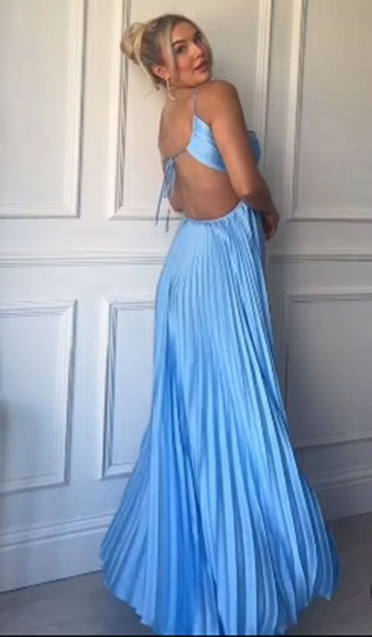 Halter Blue Pleated Long Prom Dress Formal Evening Dress