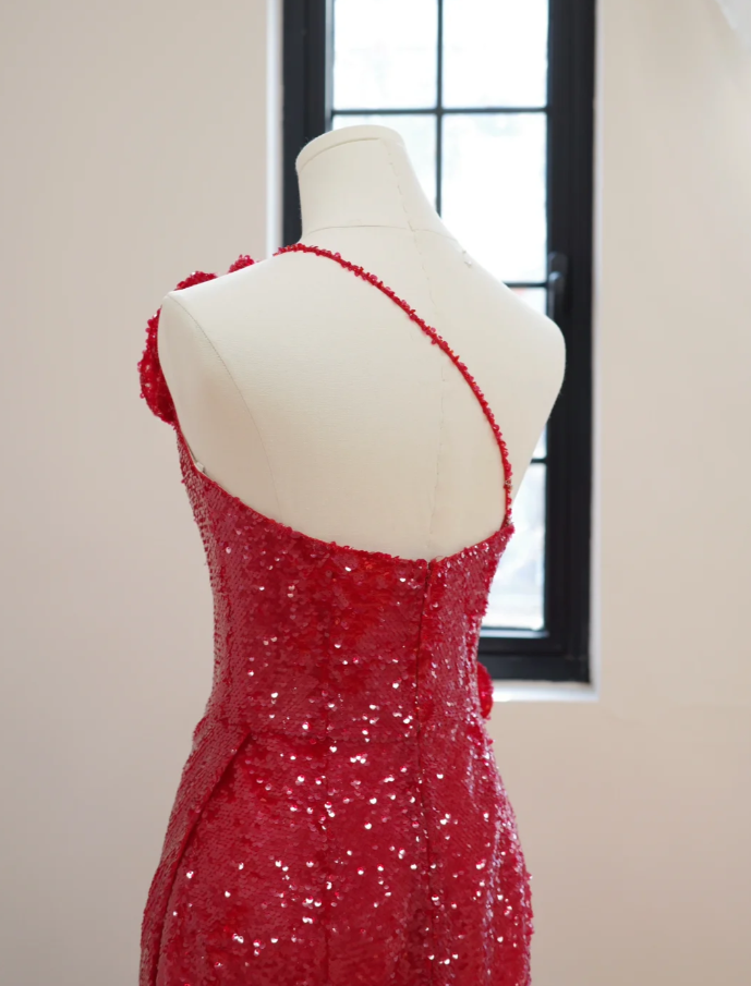 Sparkly Red One Shoulder Sequin Long Evening Dress Party Dress With 3D Flowers