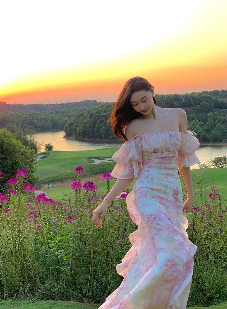 Pretty Chiffon Print Flowers Pink Prom Dress Long Party Evening Dress
