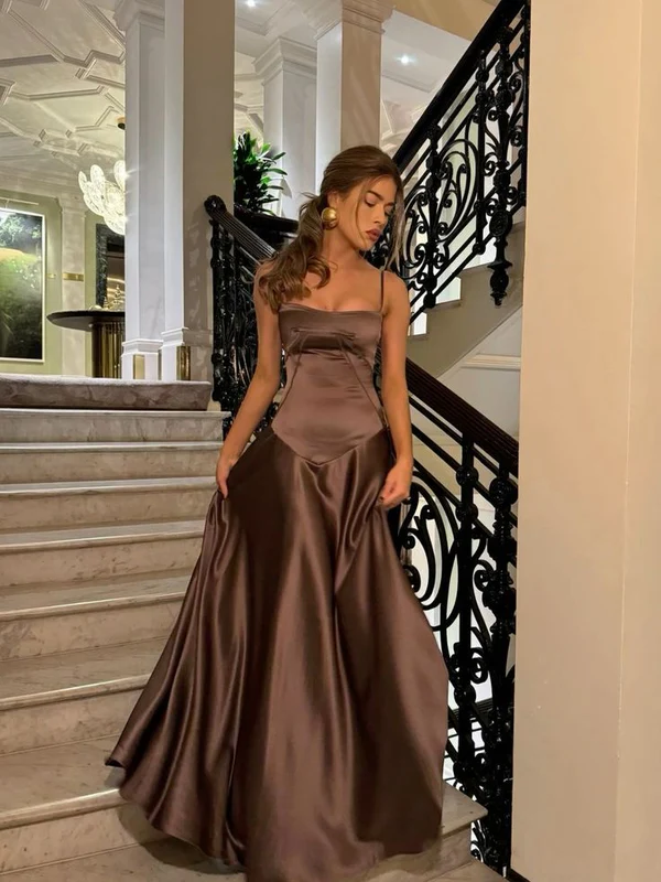Vintage Brown Spaghetti Straps Prom Dress Long A Line Satin Party Evening Dress
