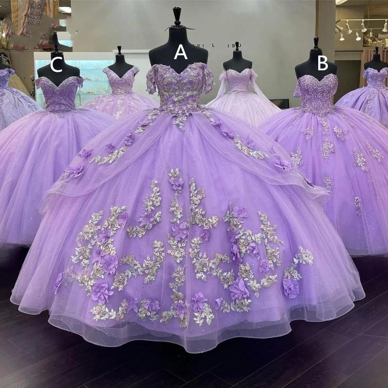 Lavender Quinceanera Dresses Floral Applique Beaded Off The Shoulder Sweet 15 16