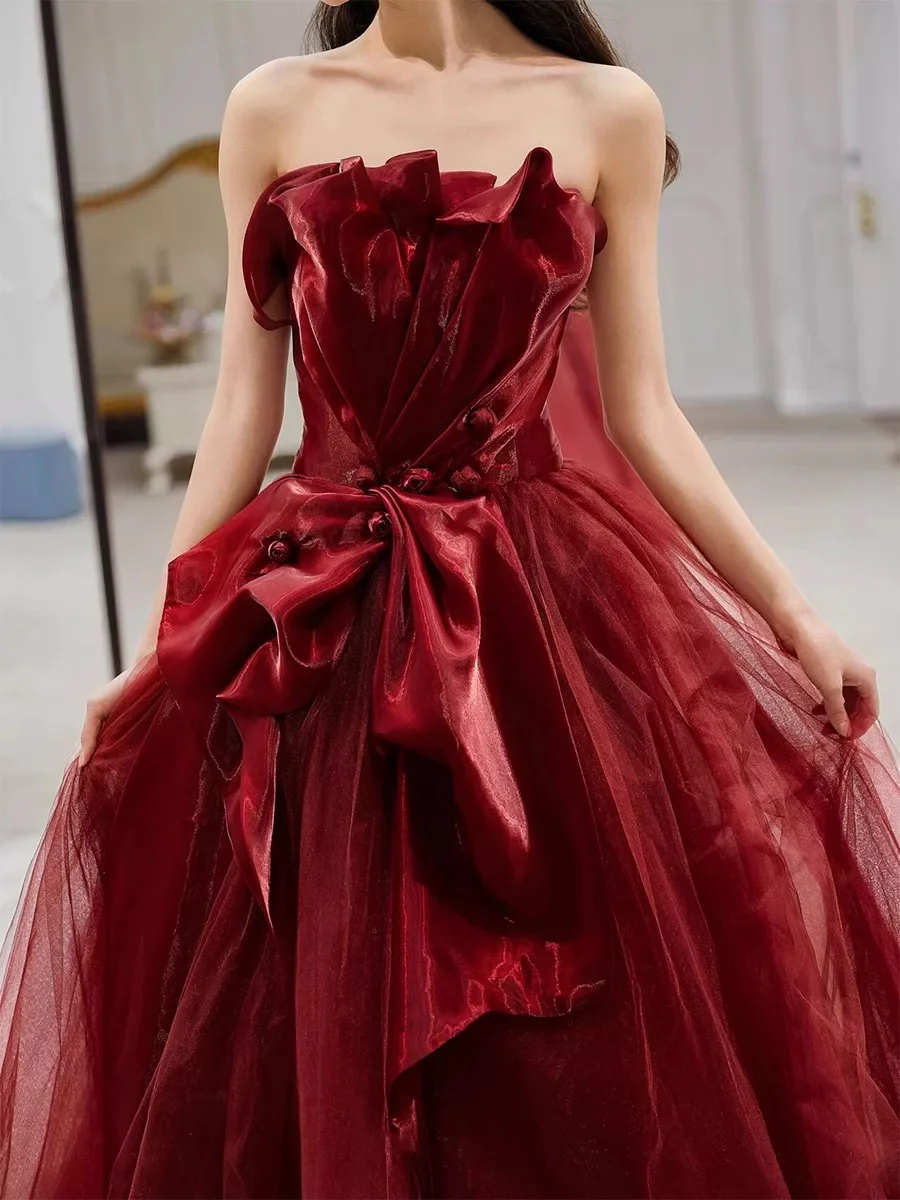 Pretty Burgundy Strapless Tulle Long Prom Dress Party Evening Dress