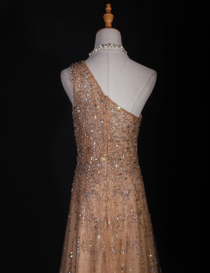 Luxury Champagne One Shoulder Tulle Sequin Beaded Mermaid Long Evening Dress 18th Birthday Outfits