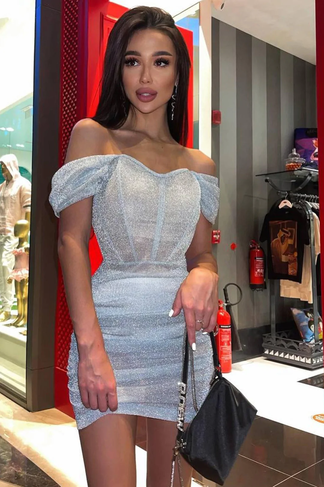 Blue Off The Shoulder Glitter Corset Mini Homecoming Dress