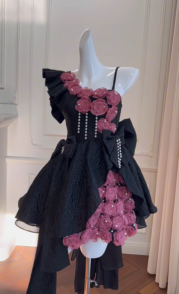 Uniques Rose Flowers Black Off The Shoulder Homecoming Dress A Line Birthday Dress