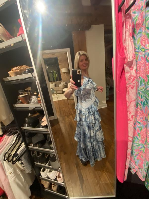 Vintage Blue Satin Print Tiered Ruffles A Line party Dress,Spaghetti Straps Prom Evening Dress