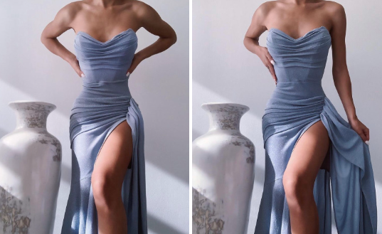 Mermaid Long Evening Dress Blue Elegant Slit Sleeveless Train Zip Prom Party Dress