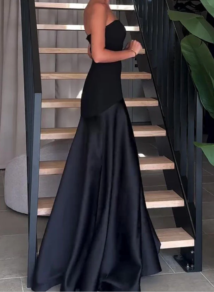 Sexy Strapless Navy Blue Long Prom Dress Formal A Line Evening Dress