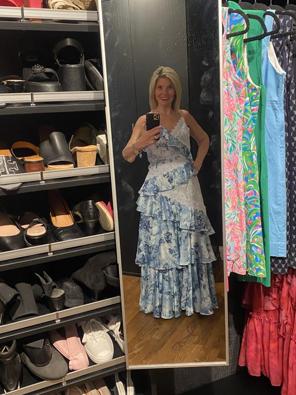 Vintage Blue Satin Print Tiered Ruffles A Line party Dress,Spaghetti Straps Prom Evening Dress