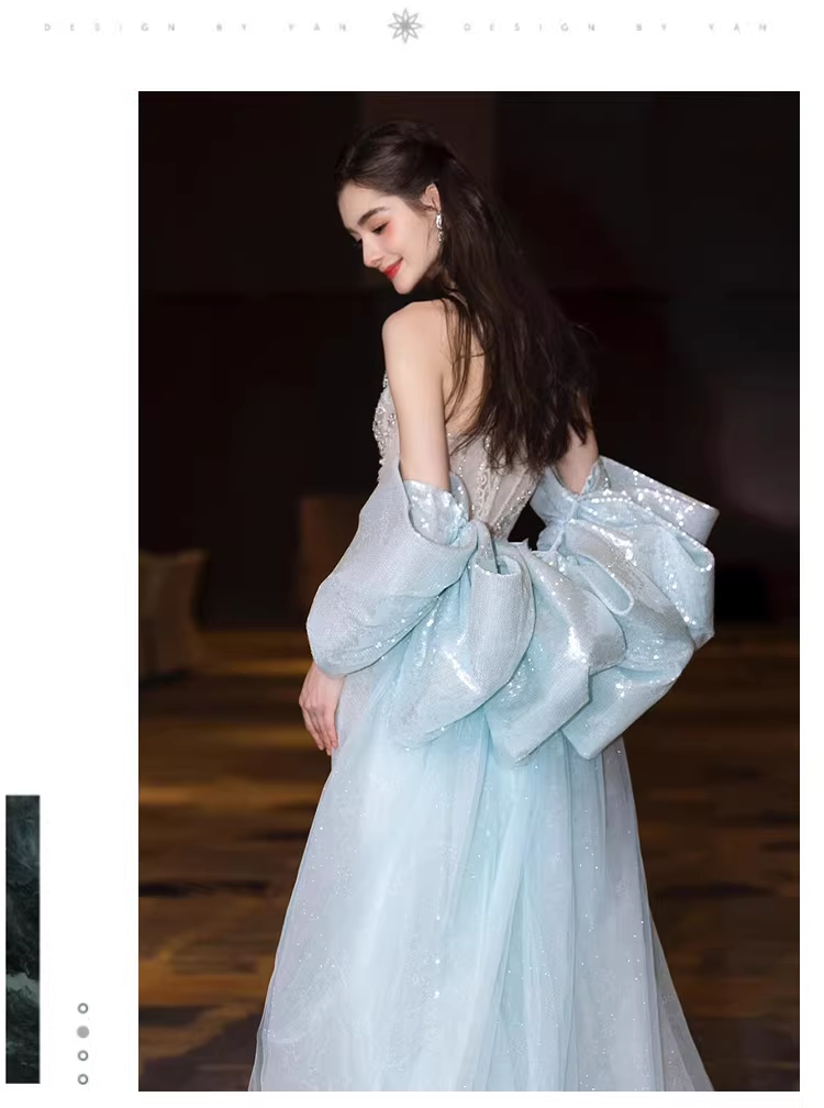 Glamorous Blue Strapless Tulle Sequin Beaded Mermaid Long Evening Dress Prom Dress