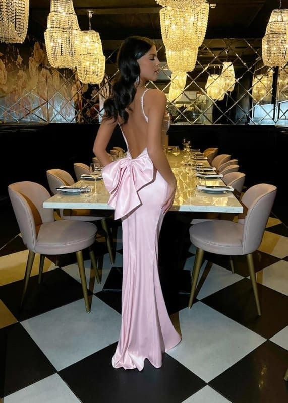Charming Pink Beaded Spaghetti Straps Prom Dress With Bow Mermaid Backless Party Dress