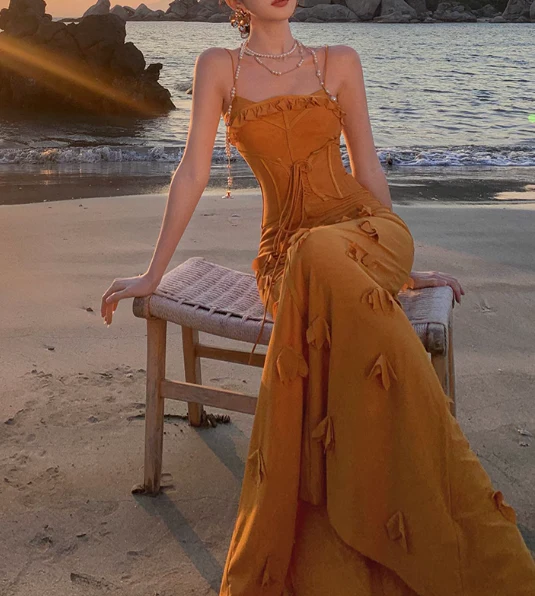 Unique Orange Mermaid Evening Gown Spaghetti Strap 3D Flower Long Prom Dress