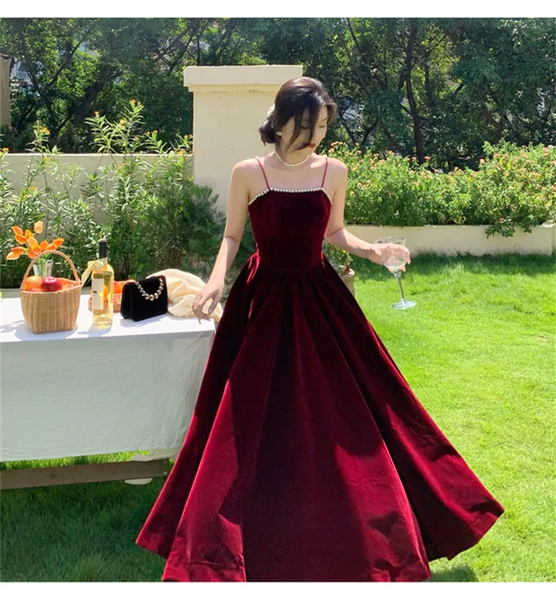 Dark Burgundy Spaghetti Straps Dress Women Prom Dress Birthday Party Dress Event Gown Dress