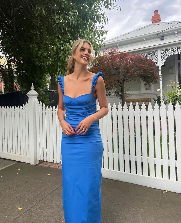 Elegant Blue Sheath Pleated Prom Dress Long Party Evening Dress