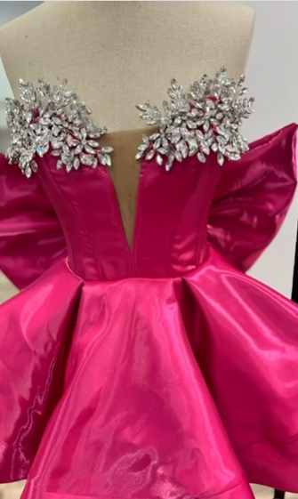 Gorgeous Hot Pink Satin Beaded Homecoming Dress Short Birthday Dress With Bow