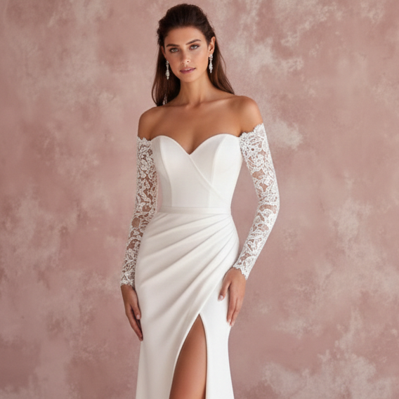 Beaded Sleeve Wedding Dress Simple Long Classic Bridal Wear