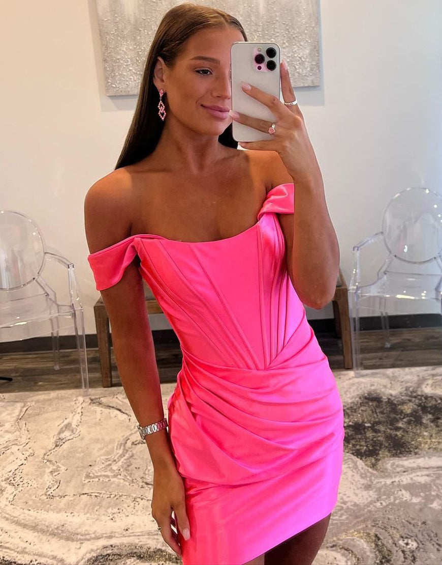 Blue Bodycon Off The Shoulder Satin Homecoming Dress With Pleating