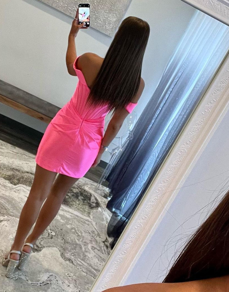 Blue Bodycon Off The Shoulder Satin Homecoming Dress With Pleating