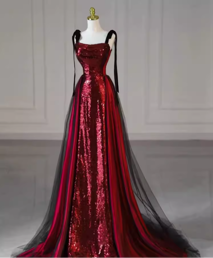 Simple A Line Burgundy Sequin Long Prom Dresses