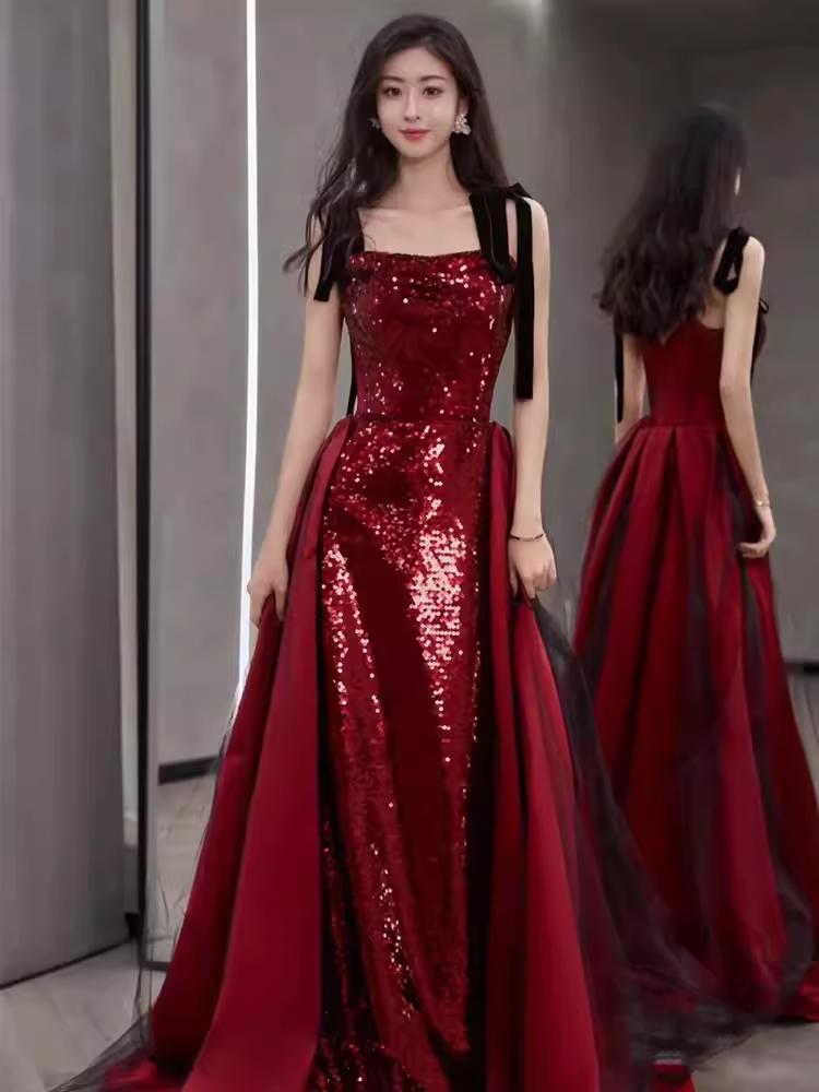Simple A Line Burgundy Sequin Long Prom Dresses