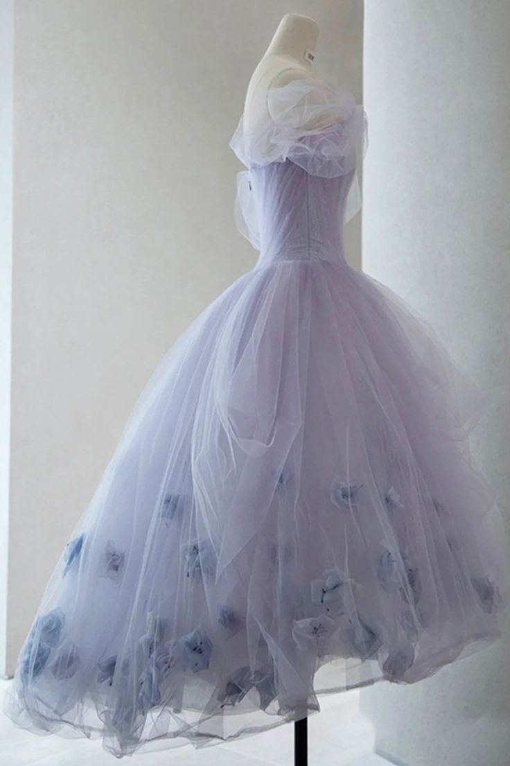 Vintage Light Purple Tulle High Low Floral Homecoming Dress