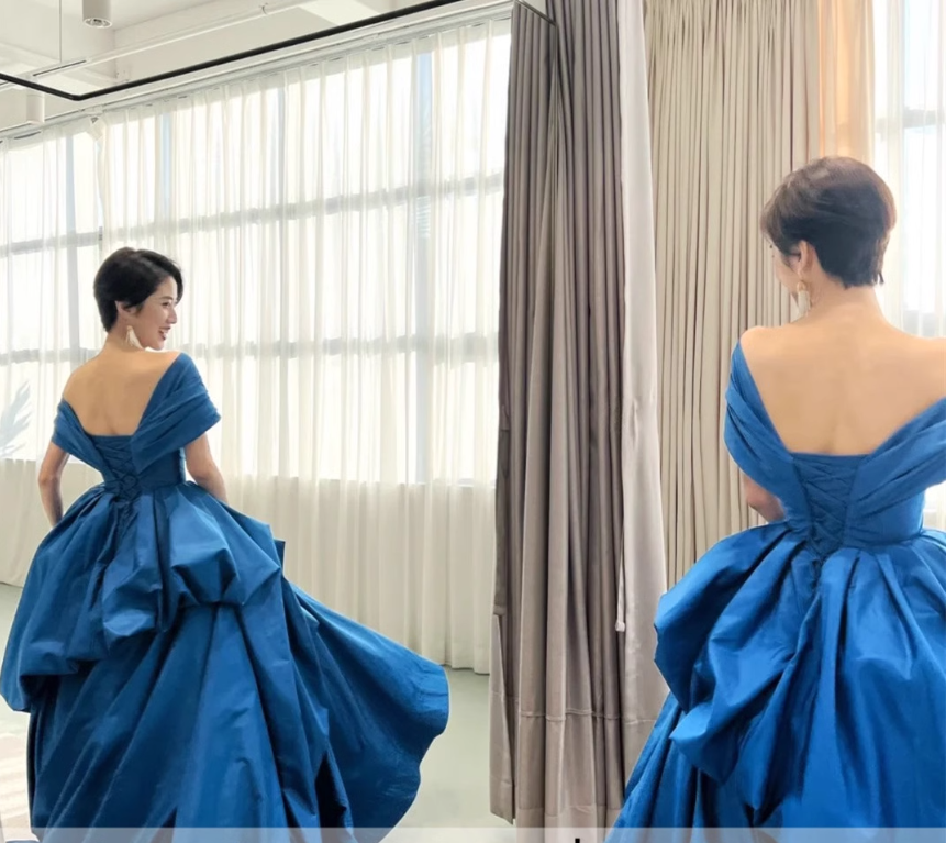 Simple Ball Gown Royal Blue Satin Long Prom Dresses