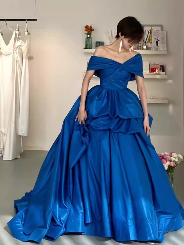Simple Ball Gown Royal Blue Satin Long Prom Dresses